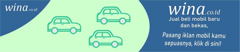 Banner ad for wina.co.id car marketplace showing three teal cars on a light-green curved background with Indonesian promo text to buy and advertise cars.